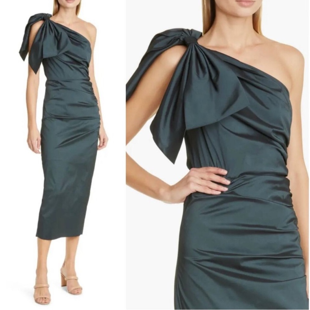 SOLD. Elegant Veronica Beard One-Shoulder emerald Dress